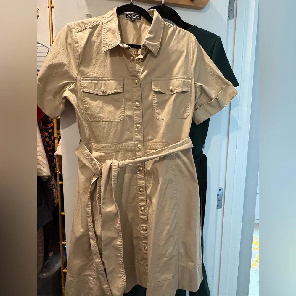 J. Crew Beige Button-Front A Line Belted Dress 10